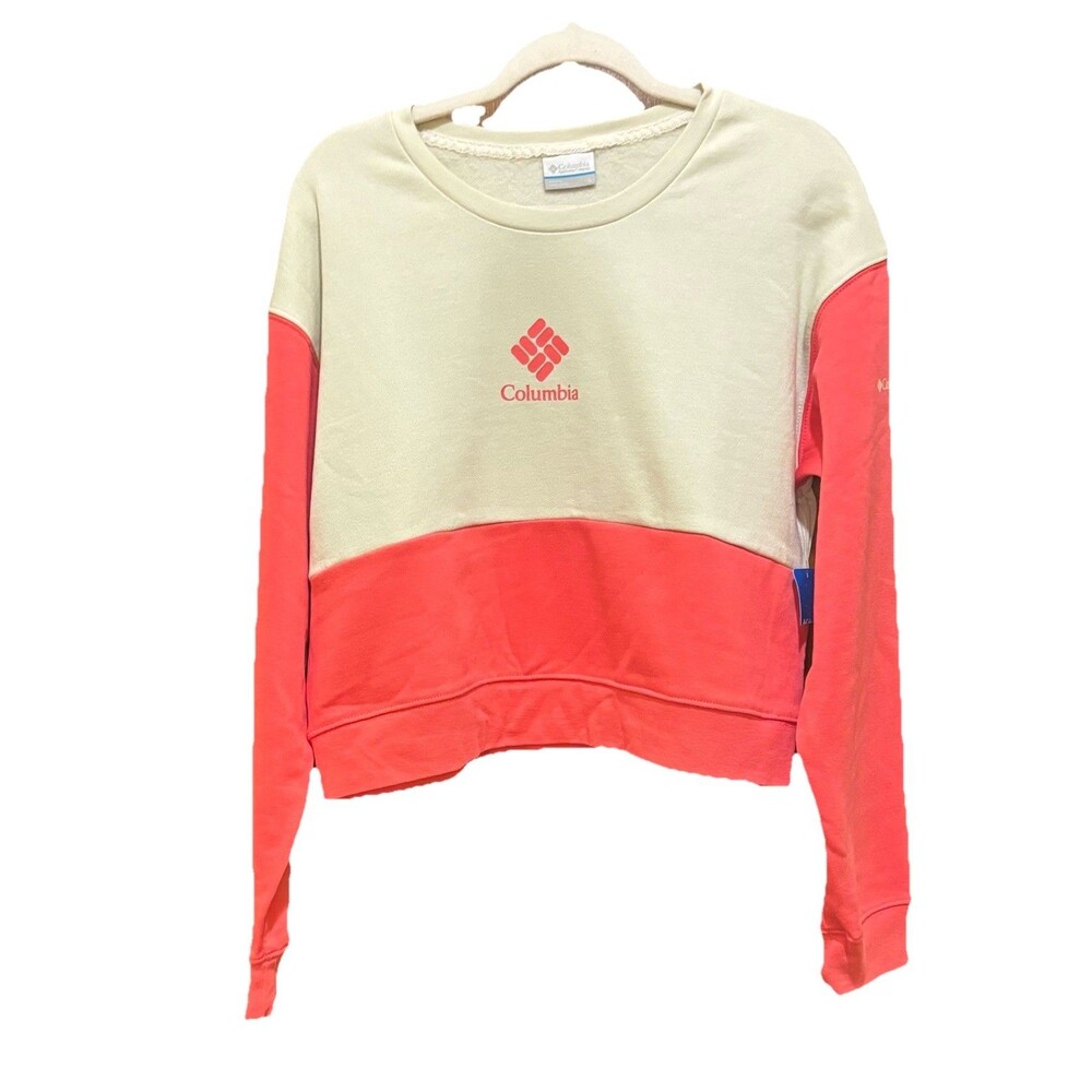 Columbia Women’s Colorblock Fleece Crewneck Pullover Sweatshirt Pink Beige L